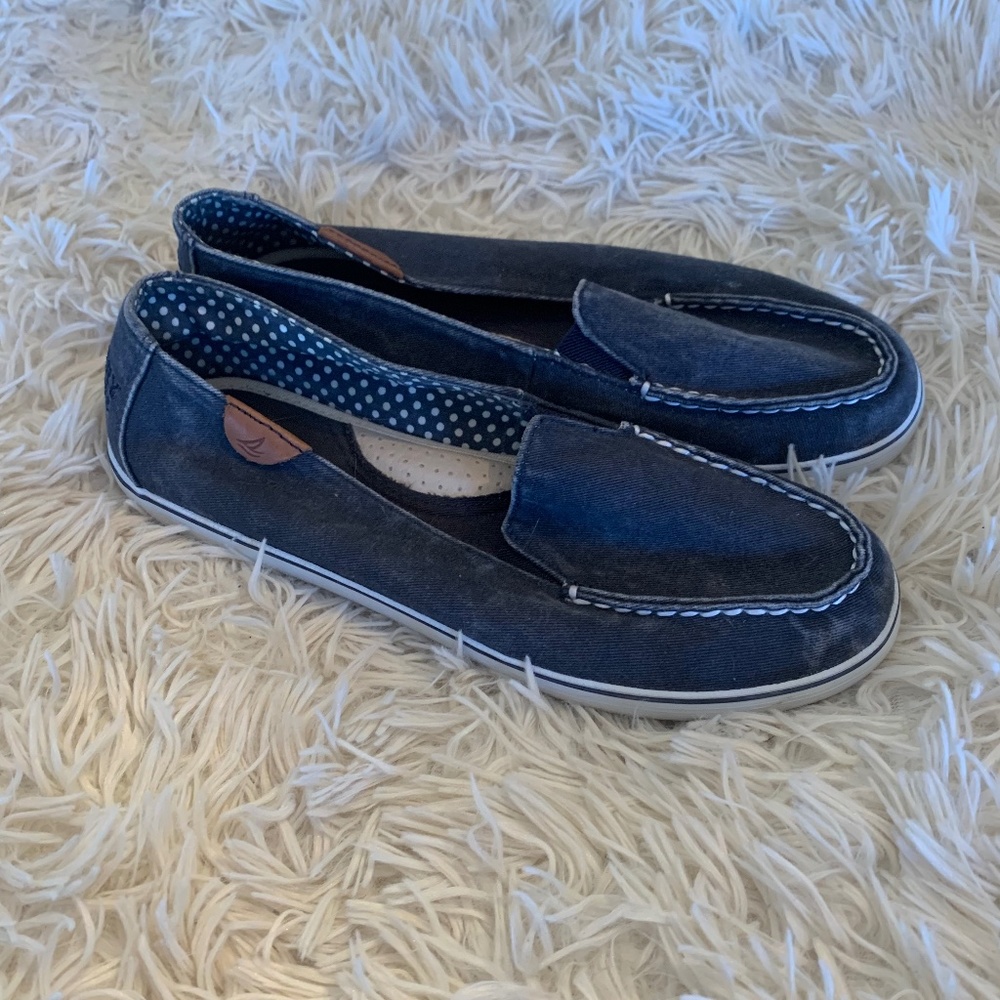 Blue Sperry Slip on Canvas Nautical Boat Shoe